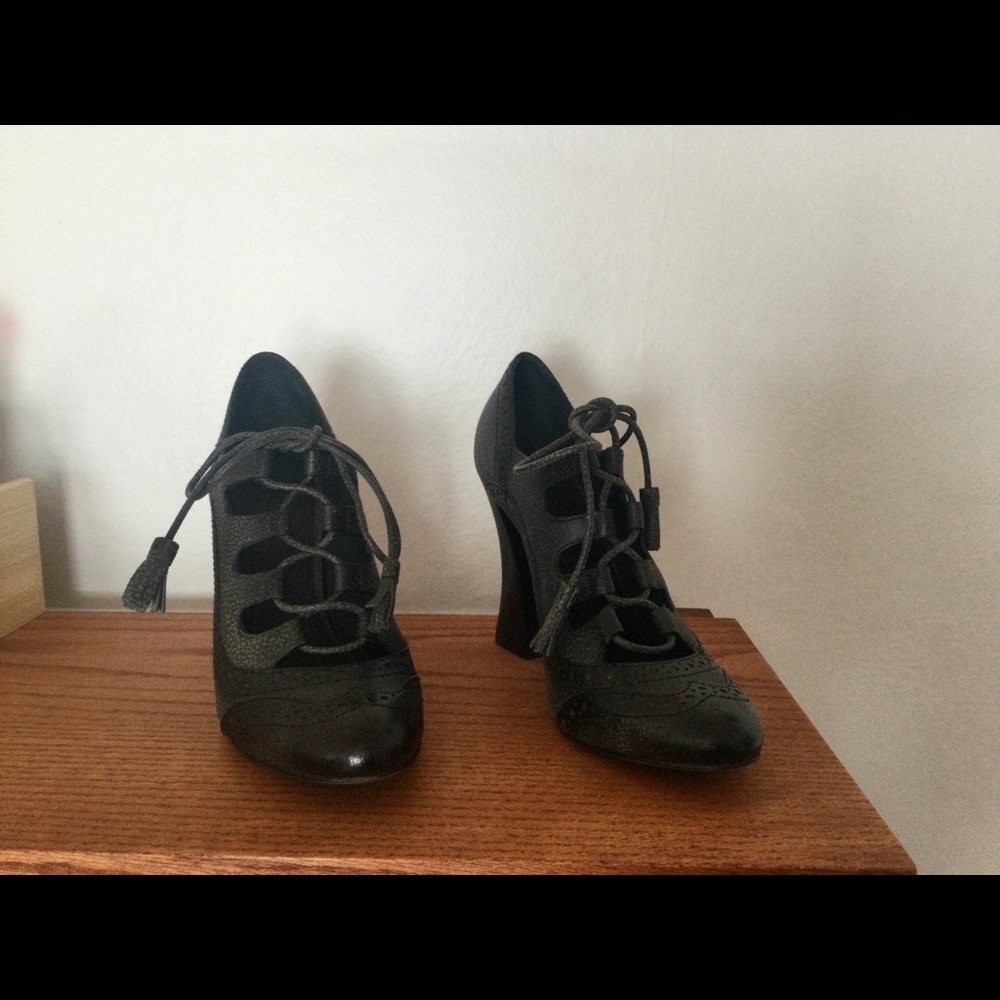 Tory Burch Black Lace-Up Leather Heels - Picture 2 of 16